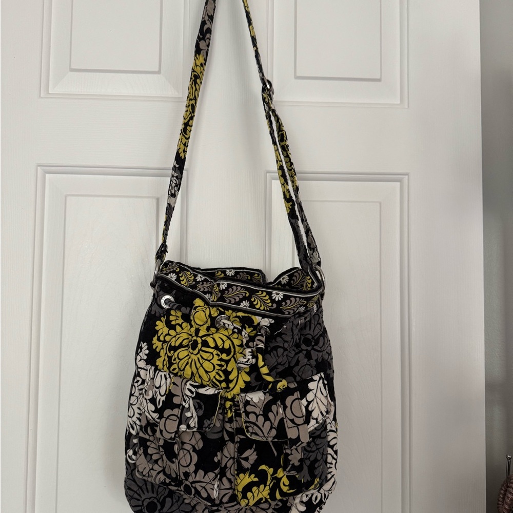 Vera Bradley Black and Yellow Floral Bucket Shoulder Bag